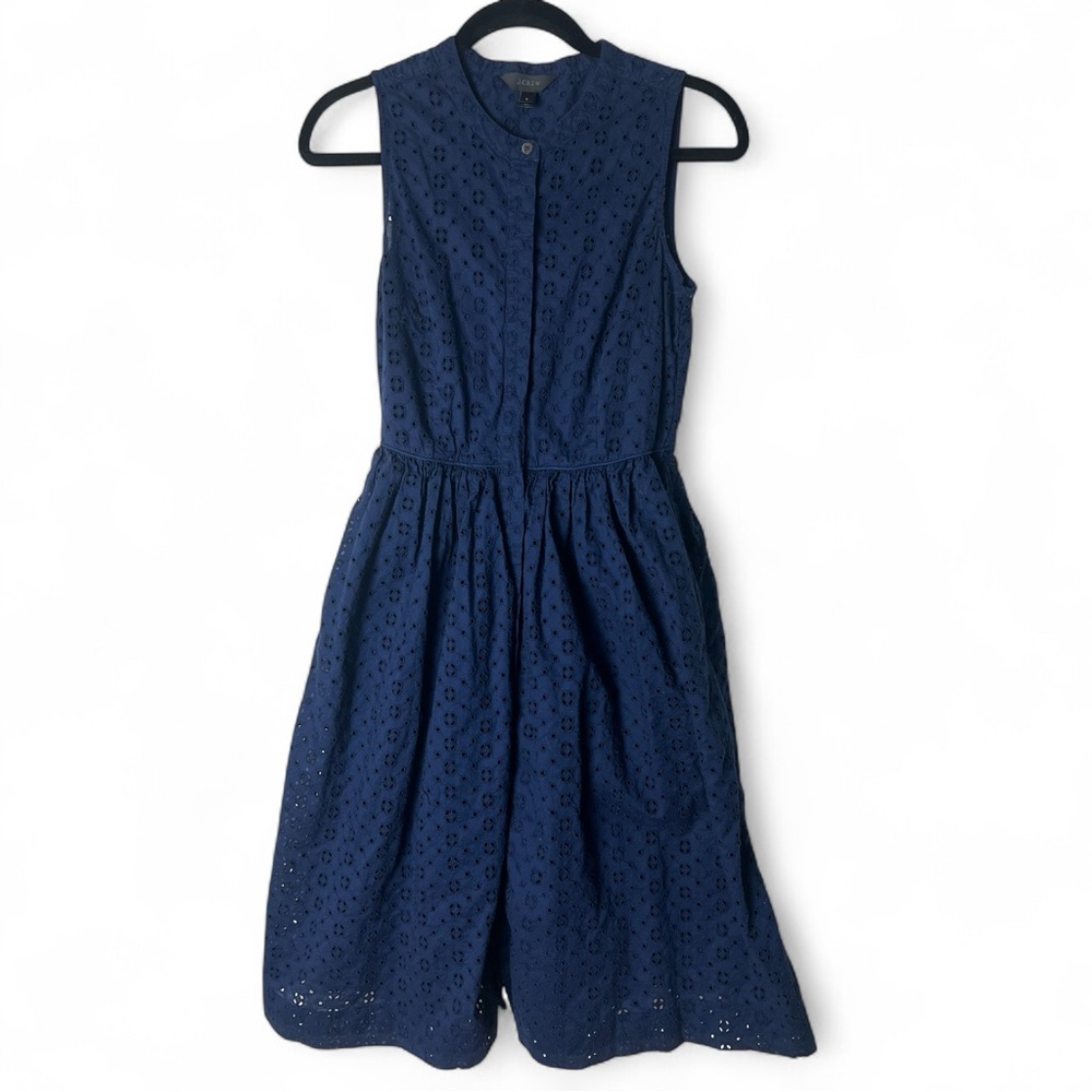 J.Crew - Women’s Eyelet Knee Length Dress Sleeveless Button Down Navy Blue Sz. 2